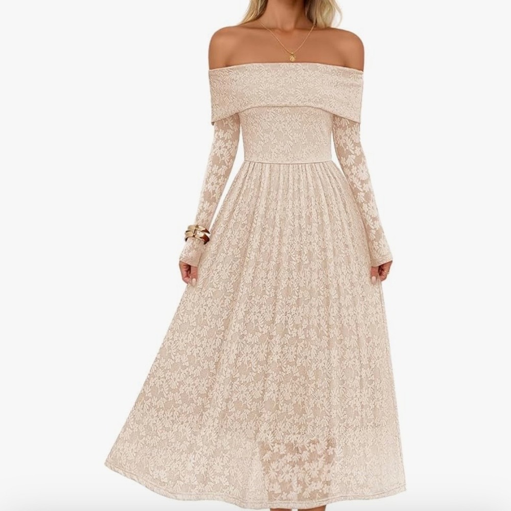 MEROKEETY Womens Beige Floral Lace Off Shoulder Long Sleeve Midi Dress Pockets